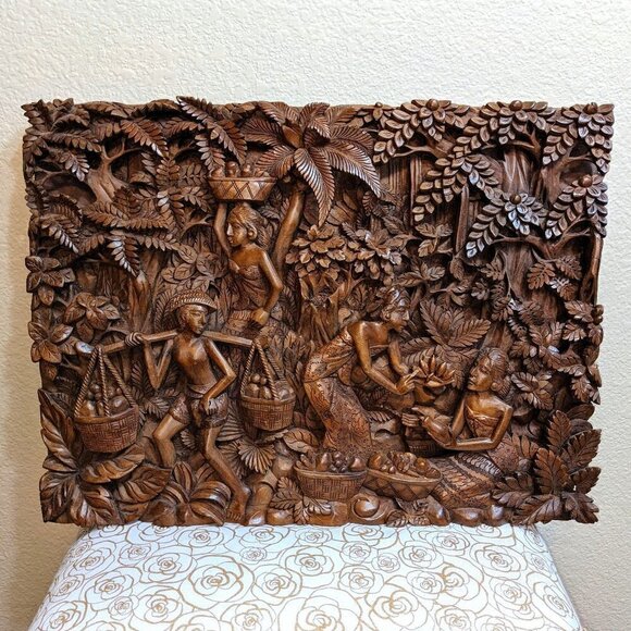 Handmade Other - Large Bali Indonesia Wood Carved Vintage Wall Art Piece